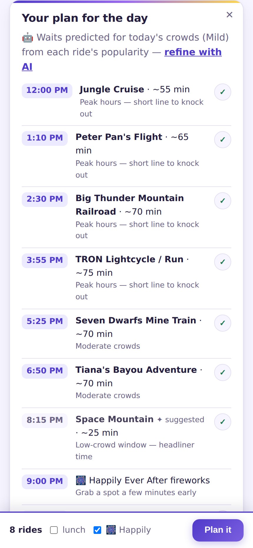 The ParkPulse day plan: eight rides sequenced by time, each with its predicted wait and the reason for its slot.